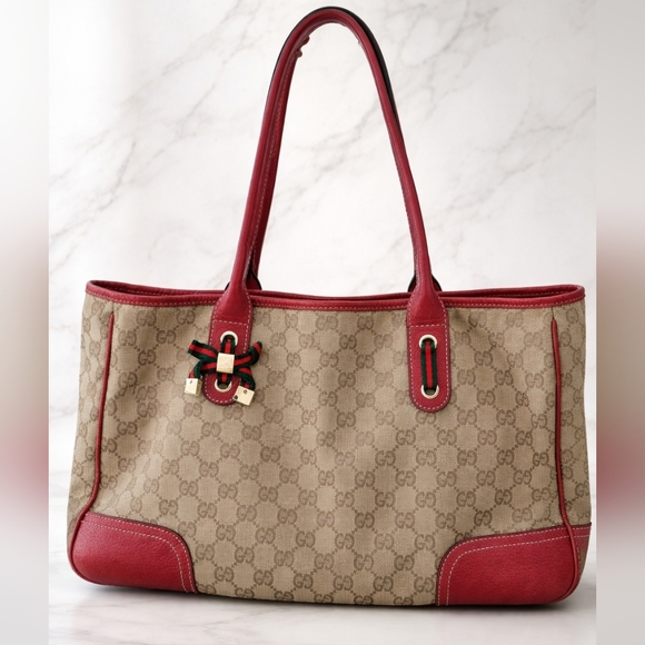 Gucci Handbags - Gucci GG Canvas Tote Bag Red Leather Trim Monogram Shoulder Bag Authentic